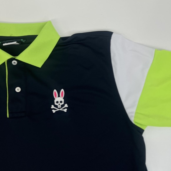 Psycho Bunny Polo Shirt Mens 2XL Navy Neon Green Colorblock Golf Skull Logo - Picture 8 of 16